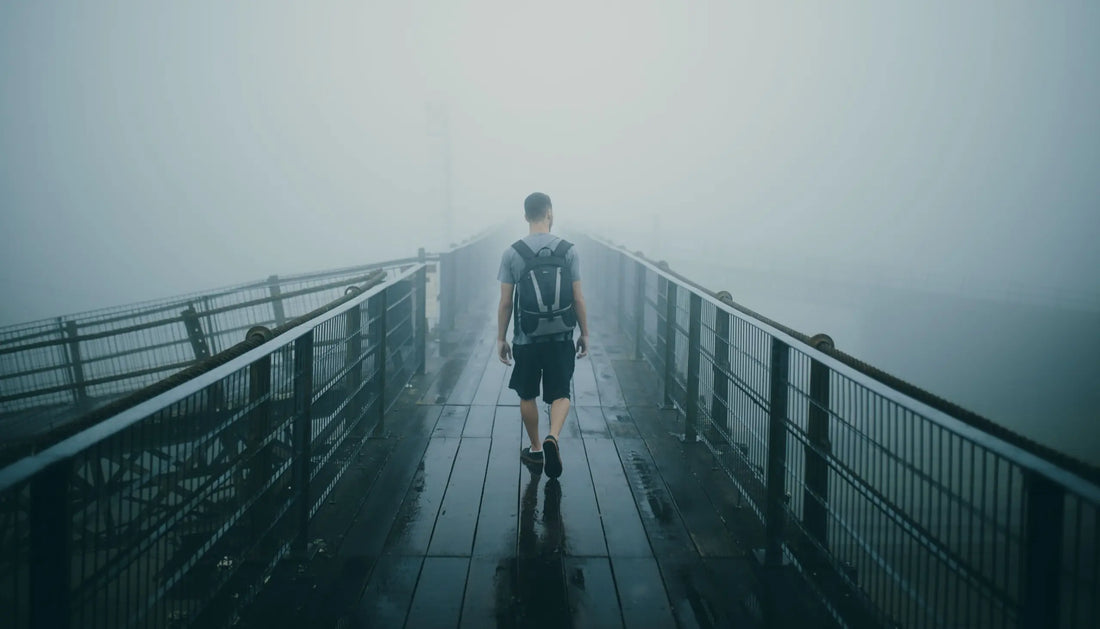A person crossing a wooden bridge in morning mist — microdosing personal growth journey