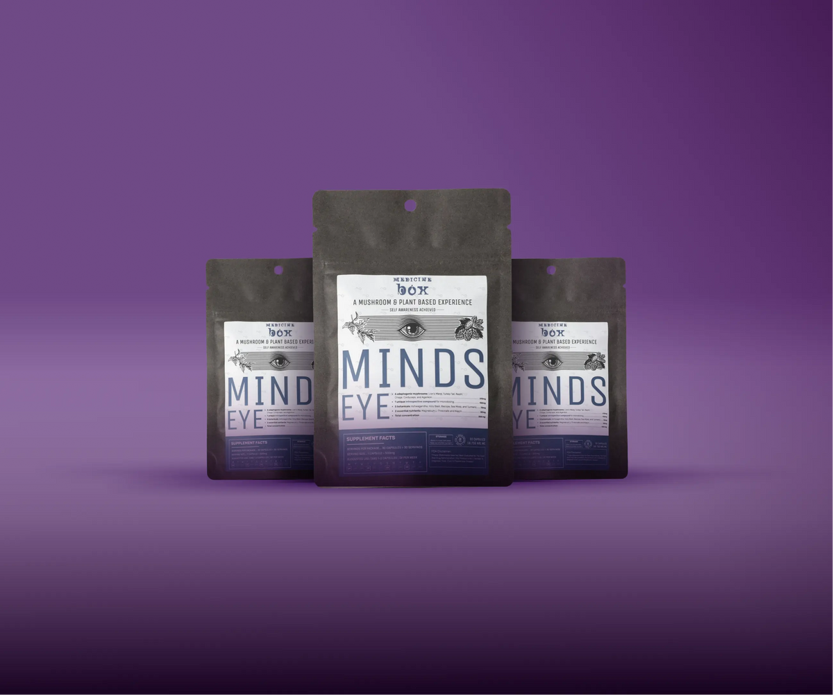 3 Medicine Box Mind’s Eye Mushroom Capsules pouches arranged, highlighting our functional mushroom, botanical, and nutrient blend designed to support clarity, focus, and mindful self-awareness
