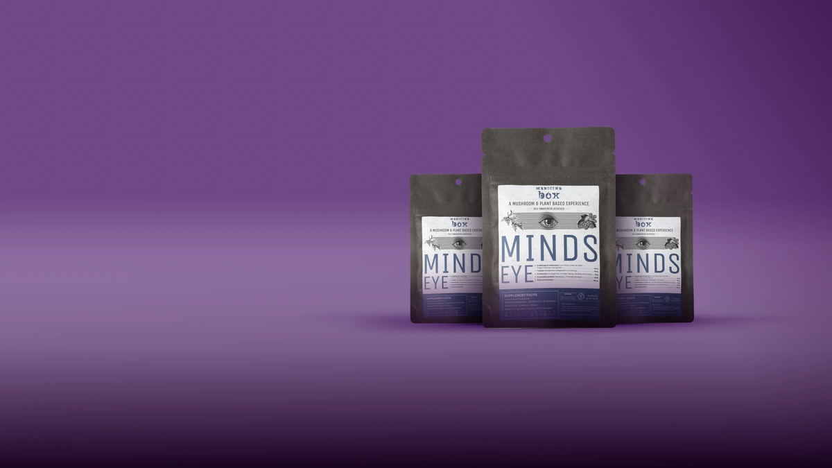 3 Medicine Box Mind’s Eye Mushroom Capsules pouches arranged, highlighting our functional mushroom, botanical, and nutrient blend designed to support clarity, focus, and mindful self-awareness